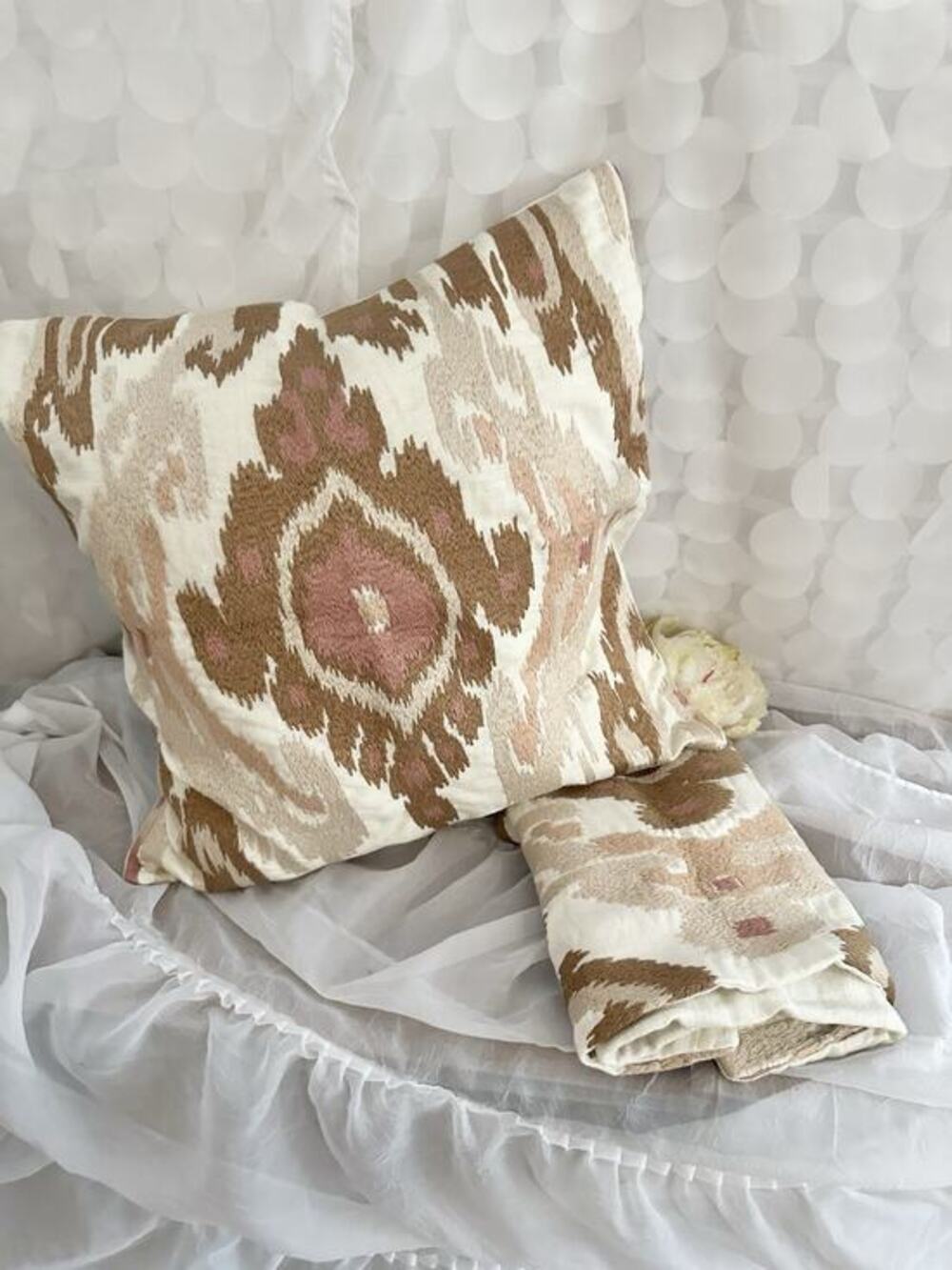 Williams Sonoma Istanbul Ikat Embroidered Accent Pillow Cover Coral Beige SET 2